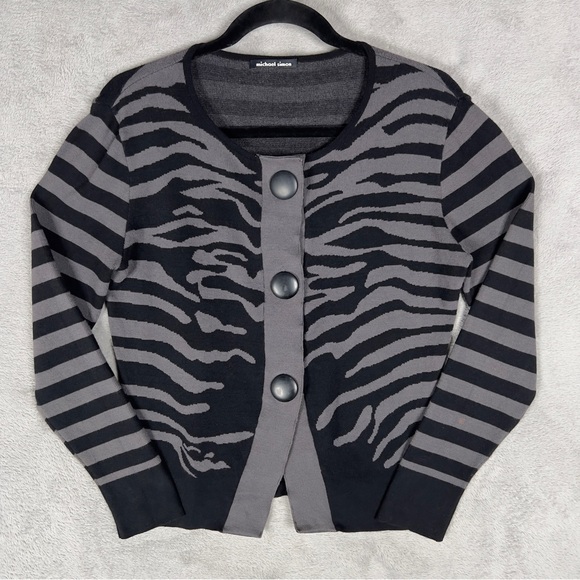 Michael Simon Zebra Print 3 Button Cardigan Sweater Women's M Black Gray Vintage - Picture 1 of 13